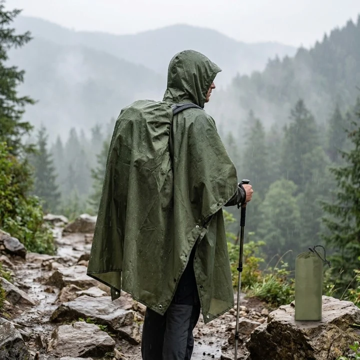 3-in-1 Regenponcho wasserdicht mit Kapuze — Poncho, Tarp & Schlafsackschutz – Bild 3